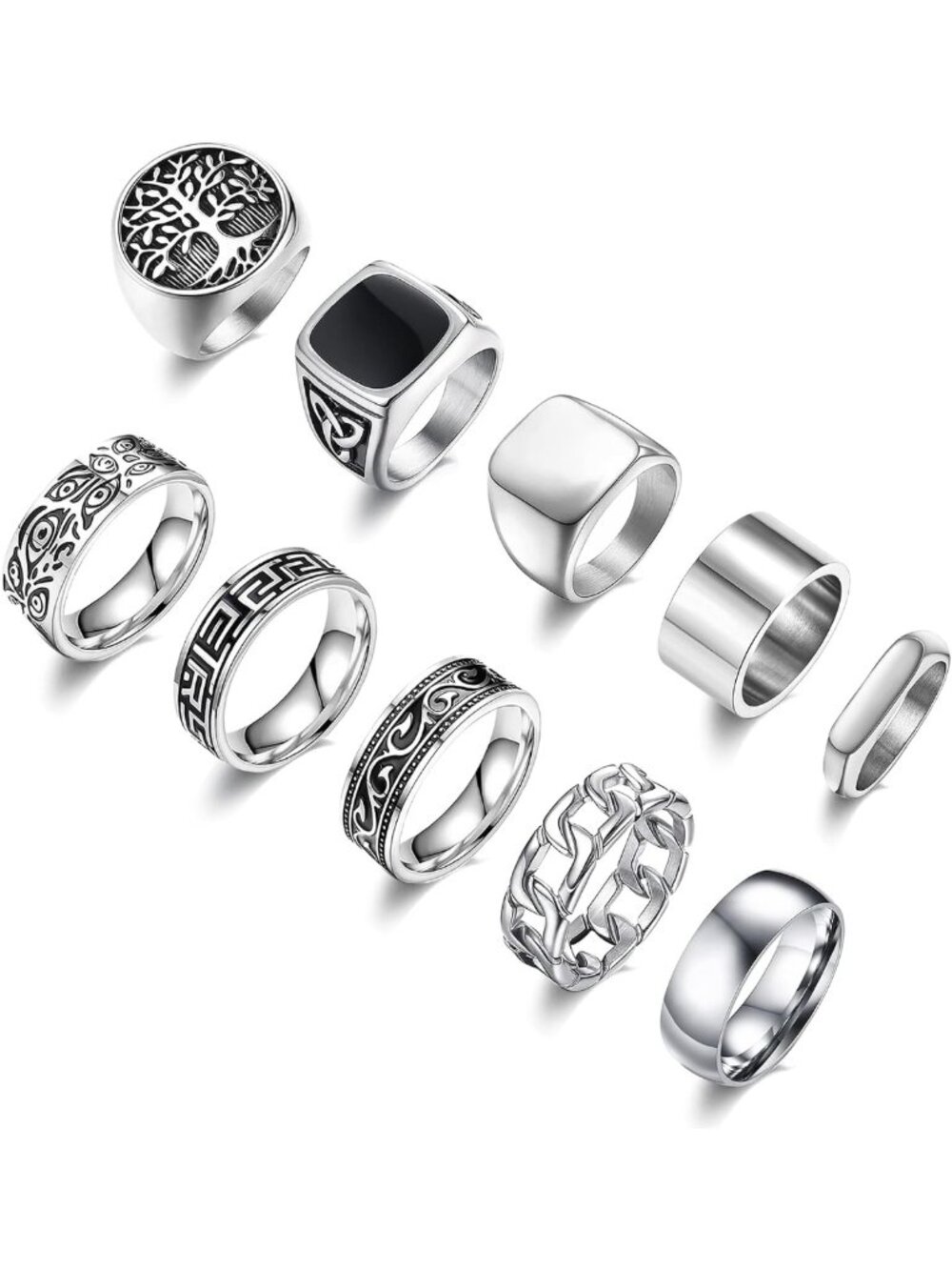10 Pcs Men's Vintage Stainless Steel Signet Ring Set - Chunky & Thin Bands 7-13